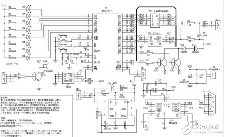 P1口仍接8只LED，P3口仍接4只按鍵開關(guān)，P0口和P2口仍接2只LED數(shù)碼管，但改為由P0口直接驅(qū)動。與原板完全兼容。新增：MAX232，可與計算機進行串行通訊，將來會考慮加入MON51支持。24C類串行芯片插座，可以插入24CXXX類芯片，進行I2C程序?qū)嶒灐Ｔ黾覺25045芯片插座，可以進行看門狗及3線制串行EEPROM的實驗，通過插針切換，也可不用25045作為復(fù)位芯片，而采用常規(guī)的阻容復(fù)位電路。音樂接口，可外接一個小喇叭，做單片機發(fā)聲實驗。版主打算就用這塊板替代原實驗板，并用它為藍本編一些C語言講座。