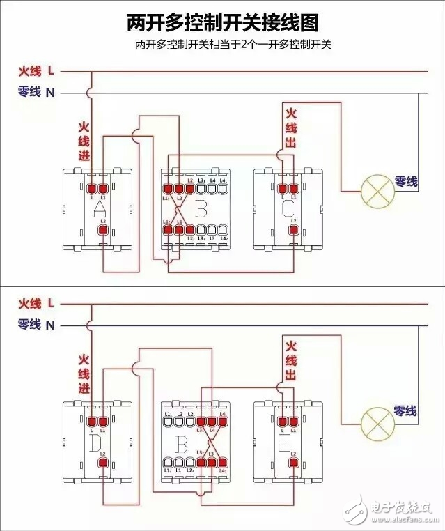 一開多控開關接線圖_三控開關接線圖_多控開關實物接線圖