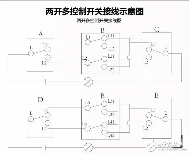 一開多控開關接線圖_三控開關接線圖_多控開關實物接線圖