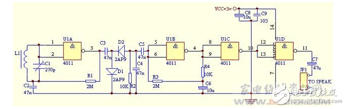 基于CD4011的簡易AM收音機制作電路原理圖