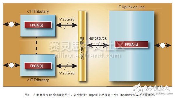 圖1： 在此高層次Tb系統概念圖中，多個低于1 Tbps的支路板為一個1 Tbps的線卡提供信號饋送。