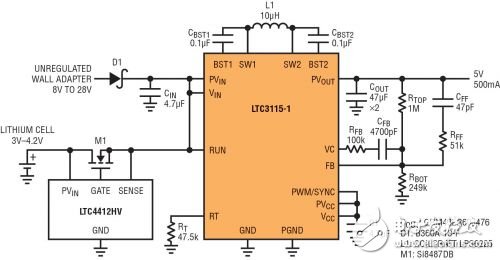 圖 7：為了實現高效率，這個雙輸入 5V 電源在電池通路中采用 LTC4412 低損耗電源通路 (PowerPath?) 控制器和 P 溝道 MOSFET 取代了肖特基二極管。廉價肖特基二極管用在較高電壓輸入端，在這里，肖特基二極管的壓降微不足道。