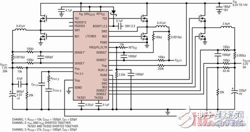 圖1 在6.5V至14V輸入范圍內工作的雙輸出轉換器原理圖