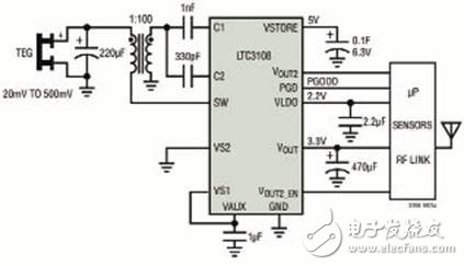 圖2 LTC3108用于無線遠端傳感器應用,該應用由熱電發生器供電(Peltier Cell)